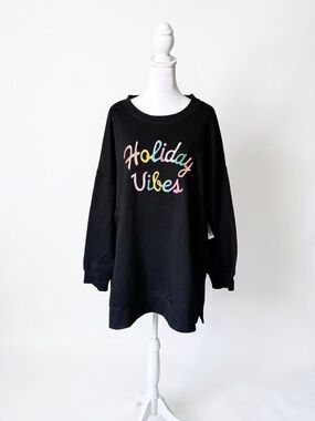 Old Navy Black Sweatshirt with Pastel 'Holiday Vibes' Script